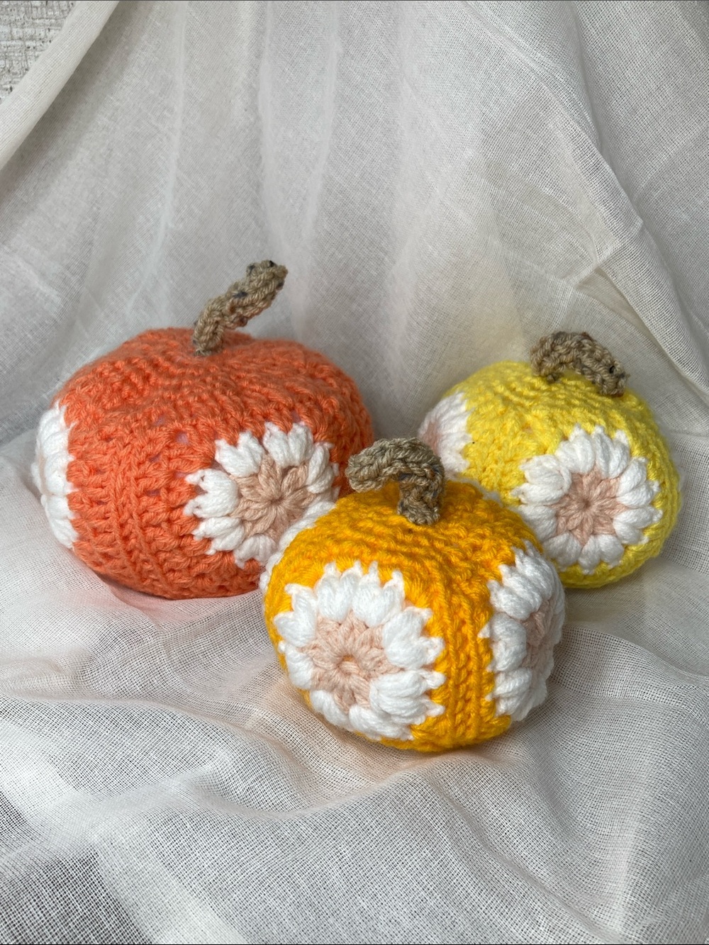 Handmade Crocheted Pumpkin Trio in Peach, Yellow, and Mustard